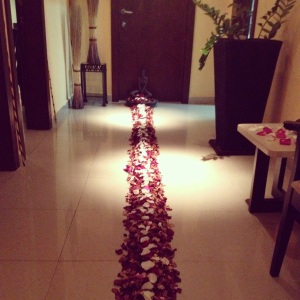 Rose petal pathway leading to my massage room at the Hesperia